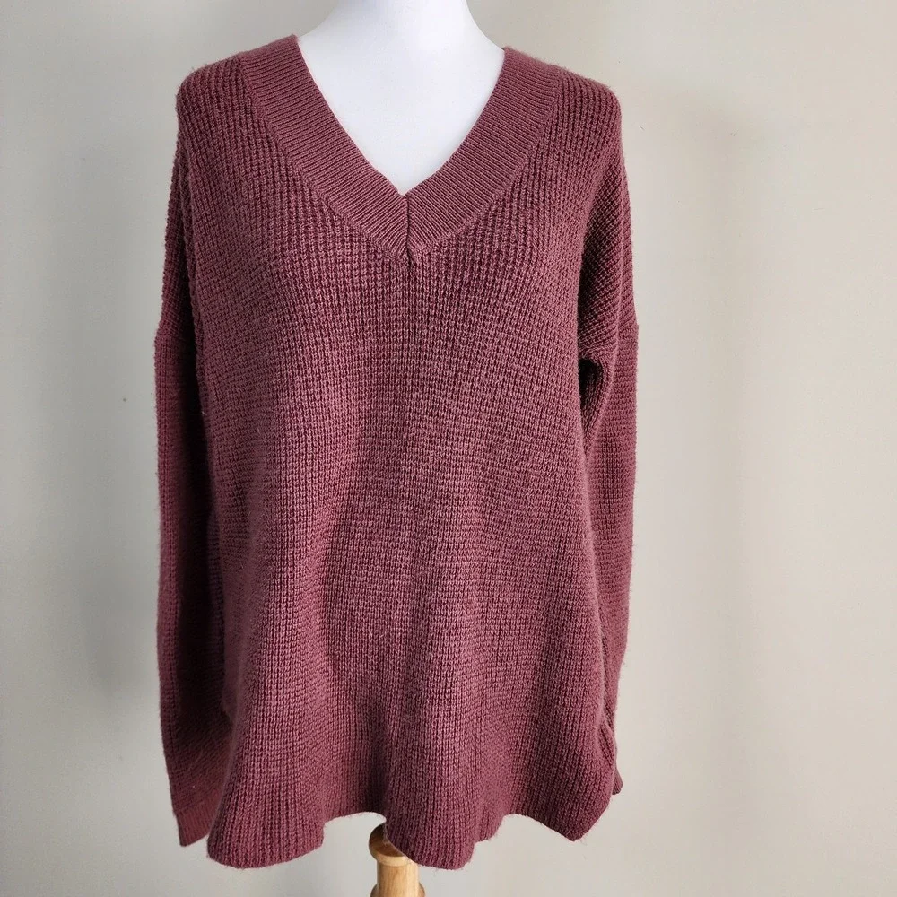 Kersh‎ Merino Wool Blend Sweater Womens Large Waffle Knit Wine Burgundy Pullover - Picture 2 of 14